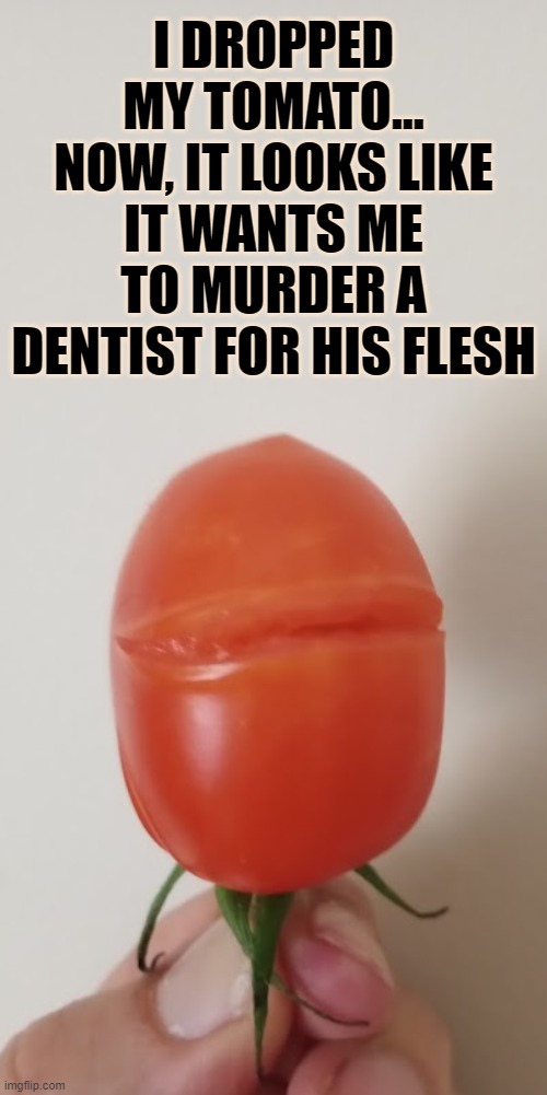 I DROPPED MY TOMATO...
NOW, IT LOOKS LIKE IT WANTS ME TO MURDER A DENTIST FOR HIS FLESH | image tagged in pareidolia,tomato,little shop of horrors | made w/ Imgflip meme maker