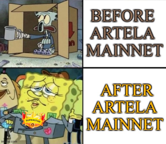 Before & After Artela Mainnet | BEFORE 
ARTELA 
MAINNET; AFTER ARTELA MAINNET | image tagged in poor squidward vs rich spongebob,funny memes | made w/ Imgflip meme maker