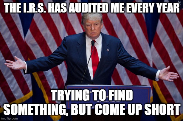 Donald Trump | THE I.R.S. HAS AUDITED ME EVERY YEAR TRYING TO FIND SOMETHING, BUT COME UP SHORT | image tagged in donald trump | made w/ Imgflip meme maker