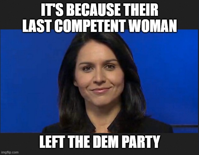 Tulsi Gabbard | IT'S BECAUSE THEIR LAST COMPETENT WOMAN LEFT THE DEM PARTY | image tagged in tulsi gabbard | made w/ Imgflip meme maker