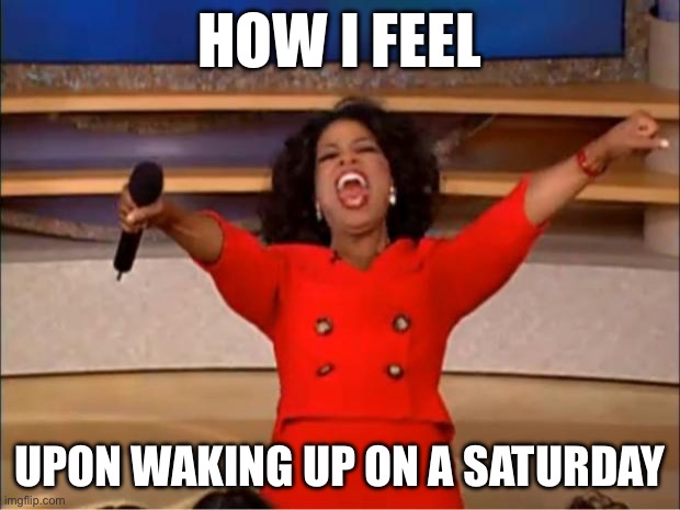 Saturday | HOW I FEEL; UPON WAKING UP ON A SATURDAY | image tagged in memes,oprah you get a | made w/ Imgflip meme maker