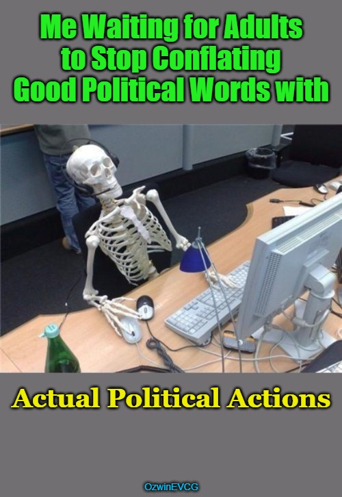 Sounds Great, Looks Greater | Me Waiting for Adults 

to Stop Conflating 

Good Political Words with; Actual Political Actions; OzwinEVCG | image tagged in waiting computer skeleton,childhood,maturity,adults,politics,all too human | made w/ Imgflip meme maker