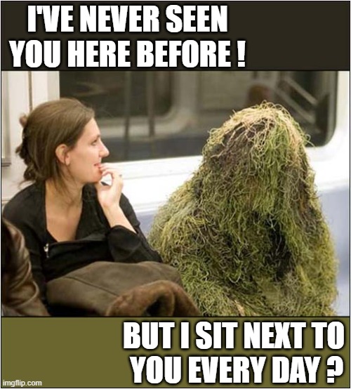 The Downside Of Being A Sniper ! | I'VE NEVER SEEN YOU HERE BEFORE ! BUT I SIT NEXT TO
 YOU EVERY DAY ? | image tagged in sniper,meeting,girl,camouflaged | made w/ Imgflip meme maker