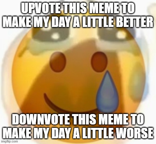 please? | UPVOTE THIS MEME TO MAKE MY DAY A LITTLE BETTER; DOWNVOTE THIS MEME TO MAKE MY DAY A LITTLE WORSE | image tagged in upvote,this,meme,please,pain,sad | made w/ Imgflip meme maker