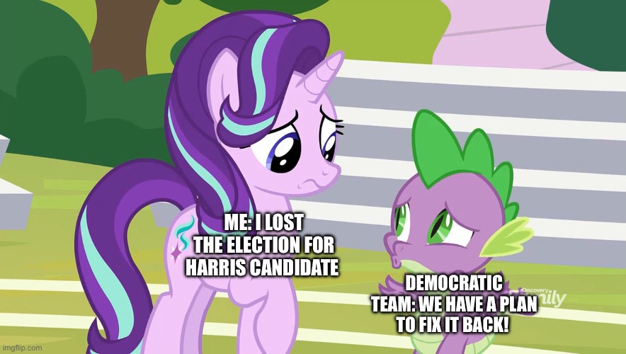 Election polls 2024 aftermath | ME: I LOST THE ELECTION FOR HARRIS CANDIDATE; DEMOCRATIC TEAM: WE HAVE A PLAN TO FIX IT BACK! | image tagged in my little pony friendship is magic,memes,politics,political meme,starlight glimmer | made w/ Imgflip meme maker