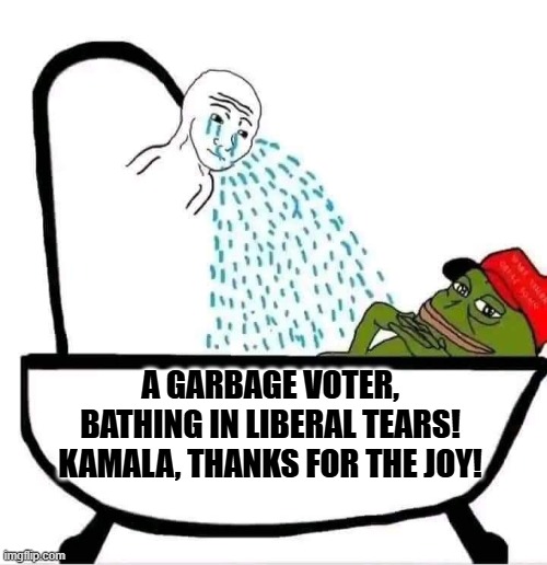 My joy is bathing in liberal tears!! | A GARBAGE VOTER, BATHING IN LIBERAL TEARS! KAMALA, THANKS FOR THE JOY! | image tagged in tears of joy | made w/ Imgflip meme maker