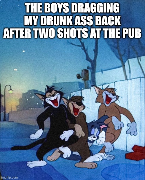 Boys night out | THE BOYS DRAGGING MY DRUNK ASS BACK AFTER TWO SHOTS AT THE PUB | image tagged in relatable | made w/ Imgflip meme maker