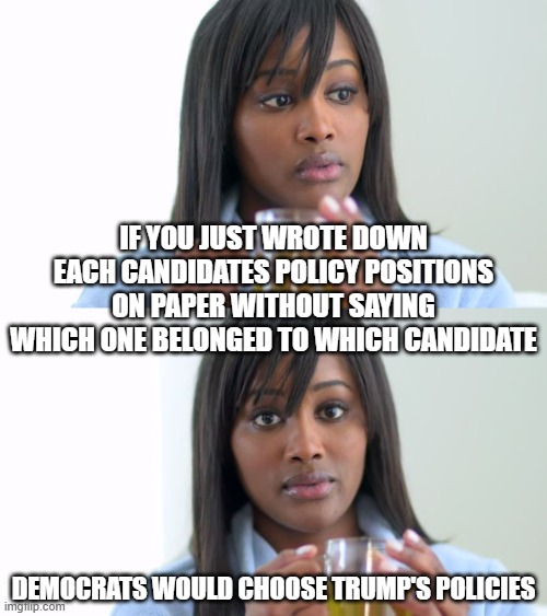 Black Woman Drinking Tea (2 Panels) | IF YOU JUST WROTE DOWN EACH CANDIDATES POLICY POSITIONS ON PAPER WITHOUT SAYING WHICH ONE BELONGED TO WHICH CANDIDATE; DEMOCRATS WOULD CHOOSE TRUMP'S POLICIES | image tagged in black woman drinking tea 2 panels | made w/ Imgflip meme maker