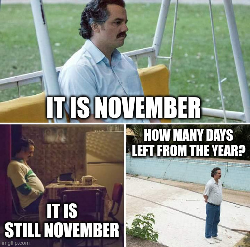 Waiting forever | IT IS NOVEMBER; HOW MANY DAYS LEFT FROM THE YEAR? IT IS STILL NOVEMBER | image tagged in memes,sad pablo escobar | made w/ Imgflip meme maker