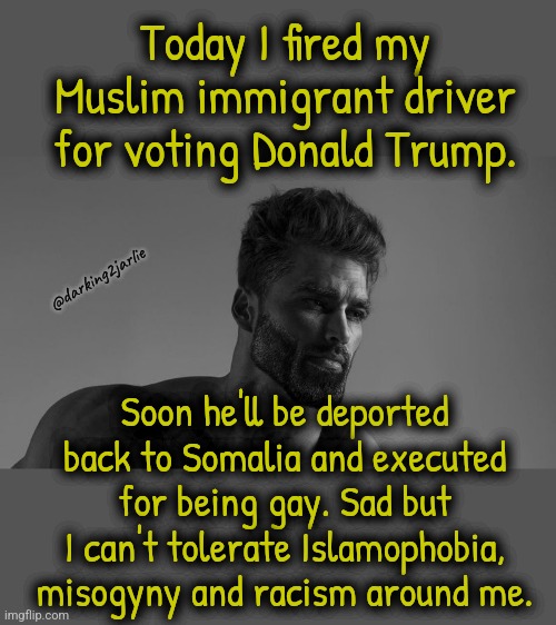 I can't tolerate intolerance. #LiberalAF | Today I fired my Muslim immigrant driver for voting Donald Trump. @darking2jarlie; Soon he'll be deported back to Somalia and executed for being gay. Sad but I can't tolerate Islamophobia, misogyny and racism around me. | image tagged in chad sigma,liberal logic,liberal hypocrisy,donald trump,trump,satire | made w/ Imgflip meme maker