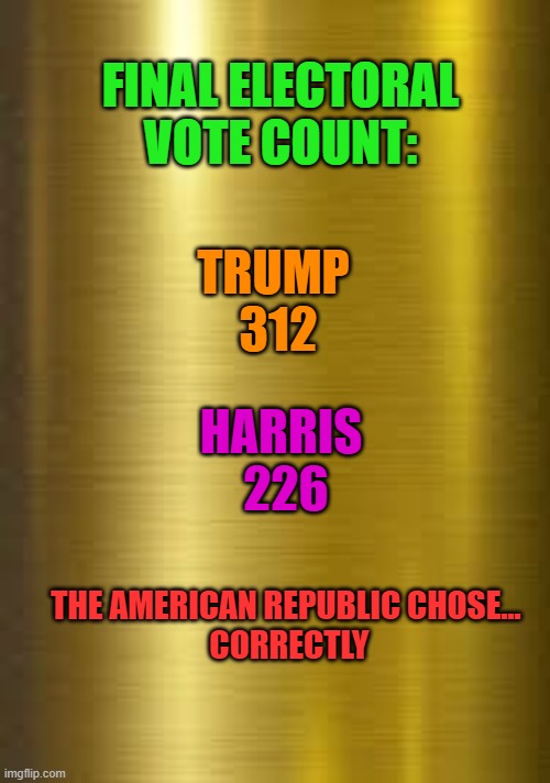 Gold Blank | FINAL ELECTORAL VOTE COUNT:; TRUMP
 312; HARRIS
 226; THE AMERICAN REPUBLIC CHOSE...
 CORRECTLY | image tagged in gold blank | made w/ Imgflip meme maker