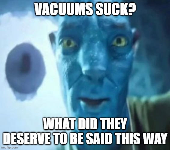 i love this meme concept | VACUUMS SUCK? WHAT DID THEY DESERVE TO BE SAID THIS WAY | image tagged in avatar guy,funny,memes,vacuum | made w/ Imgflip meme maker