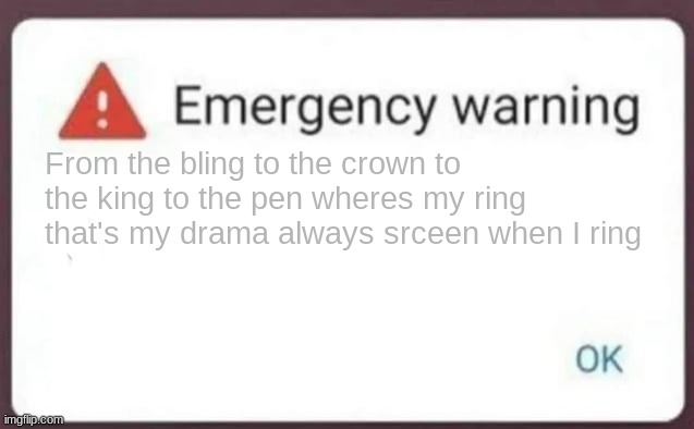 Emergency Warning | From the bling to the crown to the king to the pen wheres my ring that's my drama always srceen when I ring | image tagged in emergency warning | made w/ Imgflip meme maker