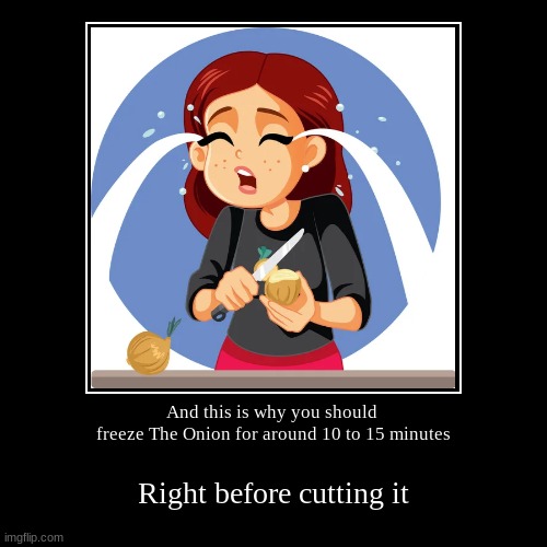 This does not only just happen in cartoons | And this is why you should 
freeze The Onion for around 10 to 15 minutes | Right before cutting it | image tagged in funny,demotivationals,not nsfw,onion,this onion won't make me cry | made w/ Imgflip demotivational maker