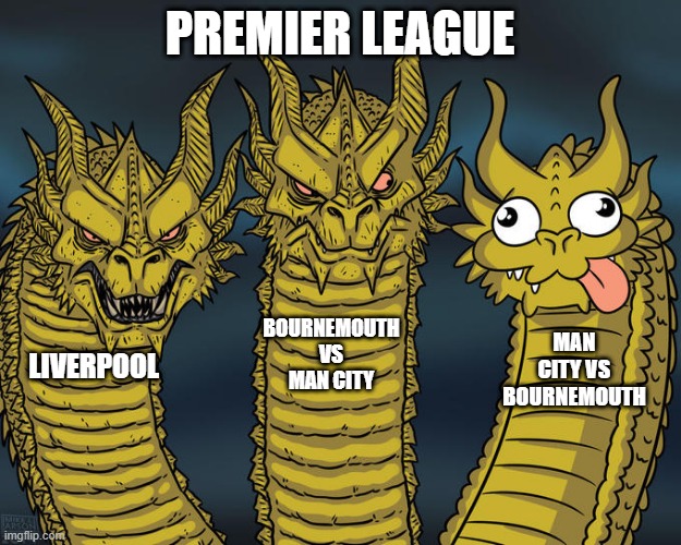 the premier league | PREMIER LEAGUE; BOURNEMOUTH VS MAN CITY; MAN CITY VS BOURNEMOUTH; LIVERPOOL | image tagged in three-headed dragon | made w/ Imgflip meme maker