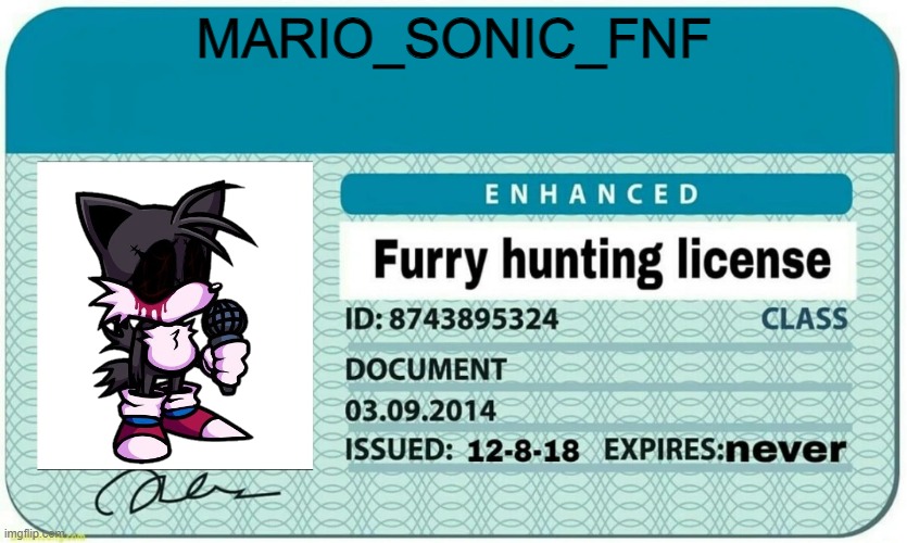 furry hunting license | MARIO_SONIC_FNF | image tagged in furry hunting license | made w/ Imgflip meme maker