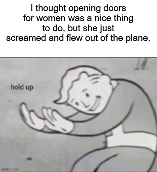 Fallout Hold Up | I thought opening doors for women was a nice thing to do, but she just screamed and flew out of the plane. | image tagged in fallout hold up | made w/ Imgflip meme maker