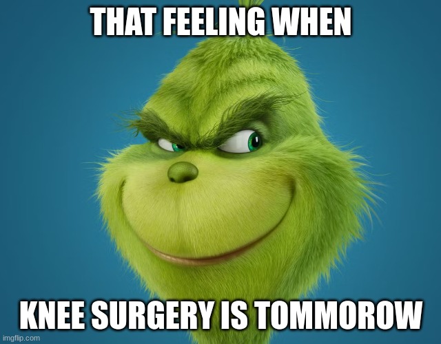 That Feeling when knee surgery is tommorow | THAT FEELING WHEN; KNEE SURGERY IS TOMMOROW | image tagged in knee,surgery,the grinch | made w/ Imgflip meme maker