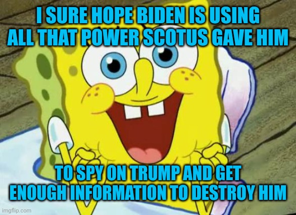 Am I not supposed to wish for this?  I am wishing for this.  (But not expecting it.) | I SURE HOPE BIDEN IS USING ALL THAT POWER SCOTUS GAVE HIM; TO SPY ON TRUMP AND GET ENOUGH INFORMATION TO DESTROY HIM | image tagged in spongebob hopeful,dark brandon,orange man is evil,use your power for good | made w/ Imgflip meme maker