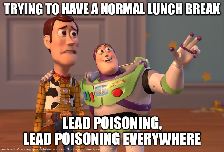 Lunchly in a Nutshell: | TRYING TO HAVE A NORMAL LUNCH BREAK; LEAD POISONING, LEAD POISONING EVERYWHERE | image tagged in memes,x x everywhere | made w/ Imgflip meme maker