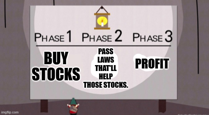 Underwear gnomes | BUY STOCKS PASS LAWS THAT'LL HELP THOSE STOCKS. PROFIT | image tagged in underwear gnomes | made w/ Imgflip meme maker