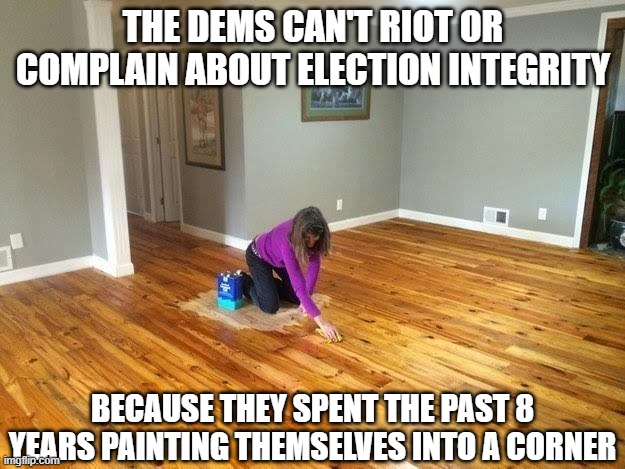 Painted into a corner | THE DEMS CAN'T RIOT OR COMPLAIN ABOUT ELECTION INTEGRITY BECAUSE THEY SPENT THE PAST 8 YEARS PAINTING THEMSELVES INTO A CORNER | image tagged in painted into a corner | made w/ Imgflip meme maker