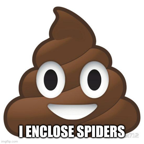 poop | I ENCLOSE SPIDERS | image tagged in poop | made w/ Imgflip meme maker