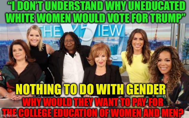 Celebrity ignorance. They don’t realize that smart “ uneducated “ women don’t want to pay for someone else’s education. | “I DON’T UNDERSTAND WHY UNEDUCATED WHITE WOMEN WOULD VOTE FOR TRUMP”; NOTHING TO DO WITH GENDER; WHY WOULD THEY WANT TO PAY FOR THE COLLEGE EDUCATION OF WOMEN AND MEN? | image tagged in gifs,democrats,liberals,stupid liberals,celebrity | made w/ Imgflip meme maker