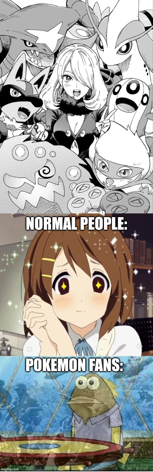 Don't be fooled by her smile and Pokémon. | NORMAL PEOPLE:; POKEMON FANS: | image tagged in cynthia | made w/ Imgflip meme maker