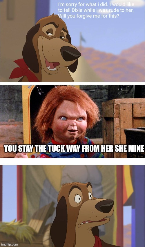 Chucky Denied Cash's Apology | YOU STAY THE TUCK WAY FROM HER SHE MINE | image tagged in chucky,cash,the fox and the hound 2,universal studios,disney | made w/ Imgflip meme maker