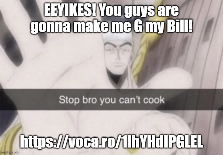 Stop bro you can't cook | EEYIKES! You guys are gonna make me G my Bill! https://voca.ro/1lhYHdIPGLEL | image tagged in stop bro you can't cook | made w/ Imgflip meme maker