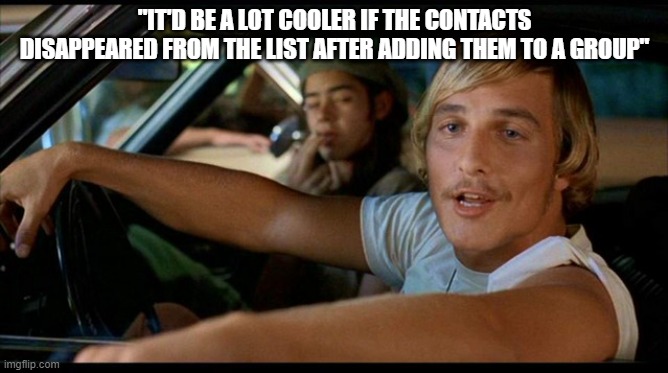 It'd be a lot cooler... | "IT'D BE A LOT COOLER IF THE CONTACTS DISAPPEARED FROM THE LIST AFTER ADDING THEM TO A GROUP" | image tagged in it'd be a lot cooler | made w/ Imgflip meme maker