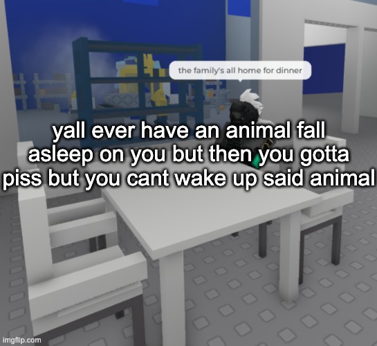 i am now bound to this couch by the will of the cat. | yall ever have an animal fall asleep on you but then you gotta piss but you cant wake up said animal | image tagged in the fam's all here | made w/ Imgflip meme maker