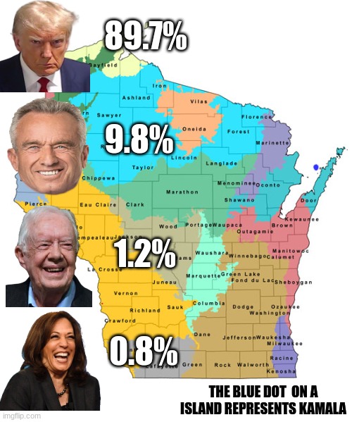 2024 Wisconsin race meme | 89.7%; 9.8%; 1.2%; 0.8%; THE BLUE DOT  ON A ISLAND REPRESENTS KAMALA | image tagged in memes,donald trump,kamala harris | made w/ Imgflip meme maker