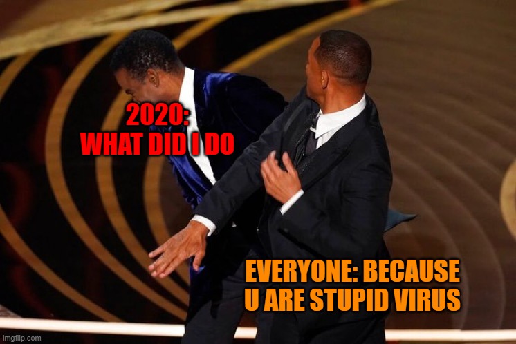 Will Smith Slap | 2020: WHAT DID I DO; EVERYONE: BECAUSE U ARE STUPID VIRUS | image tagged in will smith slap | made w/ Imgflip meme maker