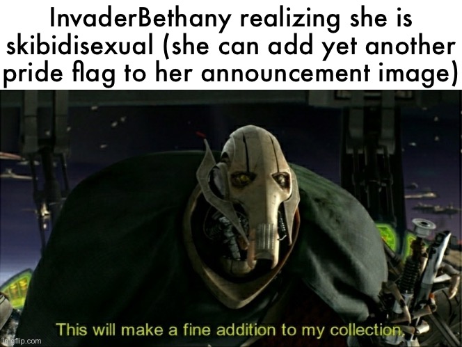This will make a fine addition to my collection | InvaderBethany realizing she is skibidisexual (she can add yet another pride flag to her announcement image) | image tagged in this will make a fine addition to my collection | made w/ Imgflip meme maker