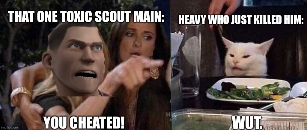 woman yelling at cat | HEAVY WHO JUST KILLED HIM:; THAT ONE TOXIC SCOUT MAIN:; YOU CHEATED! WUT. | image tagged in woman yelling at cat | made w/ Imgflip meme maker