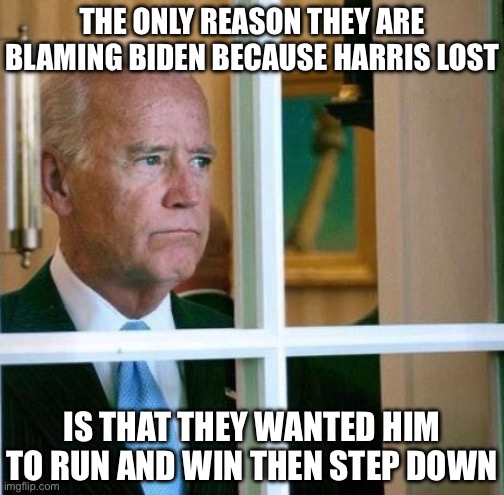 He Did the Right Thing | THE ONLY REASON THEY ARE BLAMING BIDEN BECAUSE HARRIS LOST; IS THAT THEY WANTED HIM TO RUN AND WIN THEN STEP DOWN | image tagged in sad joe biden,kamala harris,donald trump,insane liberals | made w/ Imgflip meme maker