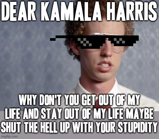 I hate Kamala harris so much with a burning passion... to me it's criminal that she even lied on TV about working at Mcdonald's | DEAR KAMALA HARRIS; WHY DON'T YOU GET OUT OF MY LIFE AND STAY OUT OF MY LIFE MAYBE SHUT THE HELL UP WITH YOUR STUPIDITY | image tagged in napoleon dynamite,memes,politics,kamala harris,stupidity,liars | made w/ Imgflip meme maker