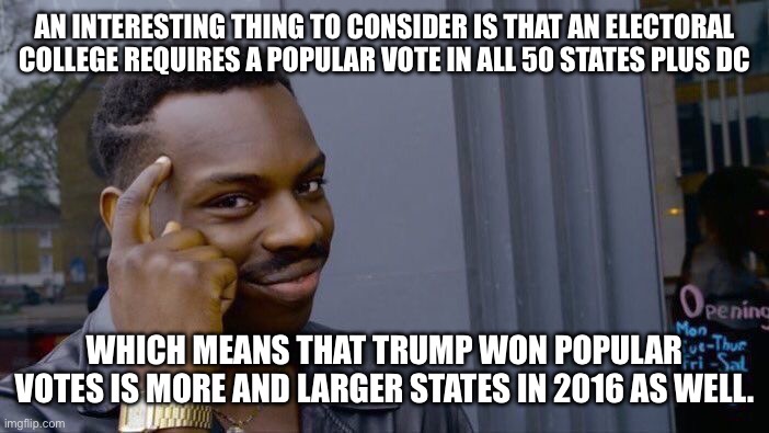 Roll Safe Think About It Meme | AN INTERESTING THING TO CONSIDER IS THAT AN ELECTORAL COLLEGE REQUIRES A POPULAR VOTE IN ALL 50 STATES PLUS DC WHICH MEANS THAT TRUMP WON PO | image tagged in memes,roll safe think about it | made w/ Imgflip meme maker