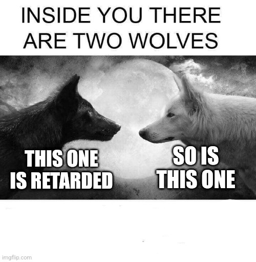 Inside you there are two wolves | SO IS THIS ONE; THIS ONE IS RETARDED | image tagged in inside you there are two wolves | made w/ Imgflip meme maker