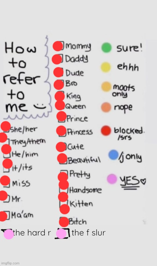 How To Refer To Me :) | the f slur; the hard r | image tagged in how to refer to me | made w/ Imgflip meme maker