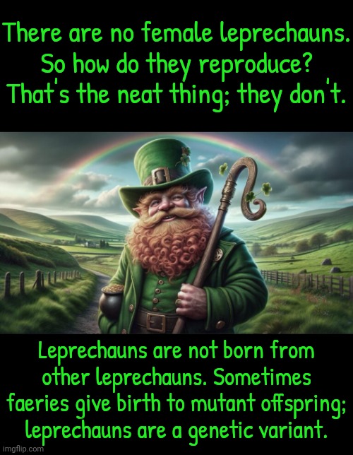 Like a cinnamon fox. | There are no female leprechauns.
So how do they reproduce?
That's the neat thing; they don't. Leprechauns are not born from other leprechauns. Sometimes faeries give birth to mutant offspring; leprechauns are a genetic variant. | image tagged in leprechaun,myth,ireland,pagan,heathen,lucky charms | made w/ Imgflip meme maker