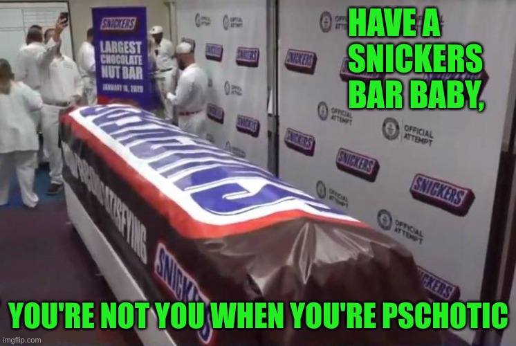 WORLDS LARGEST SNICKERS BAR | HAVE A SNICKERS BAR BABY, YOU'RE NOT YOU WHEN YOU'RE PSCHOTIC | image tagged in worlds largest snickers bar | made w/ Imgflip meme maker