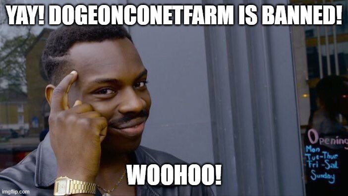 My Bad User Is Banned | YAY! DOGEONCONETFARM IS BANNED! WOOHOO! | image tagged in memes,roll safe think about it | made w/ Imgflip meme maker