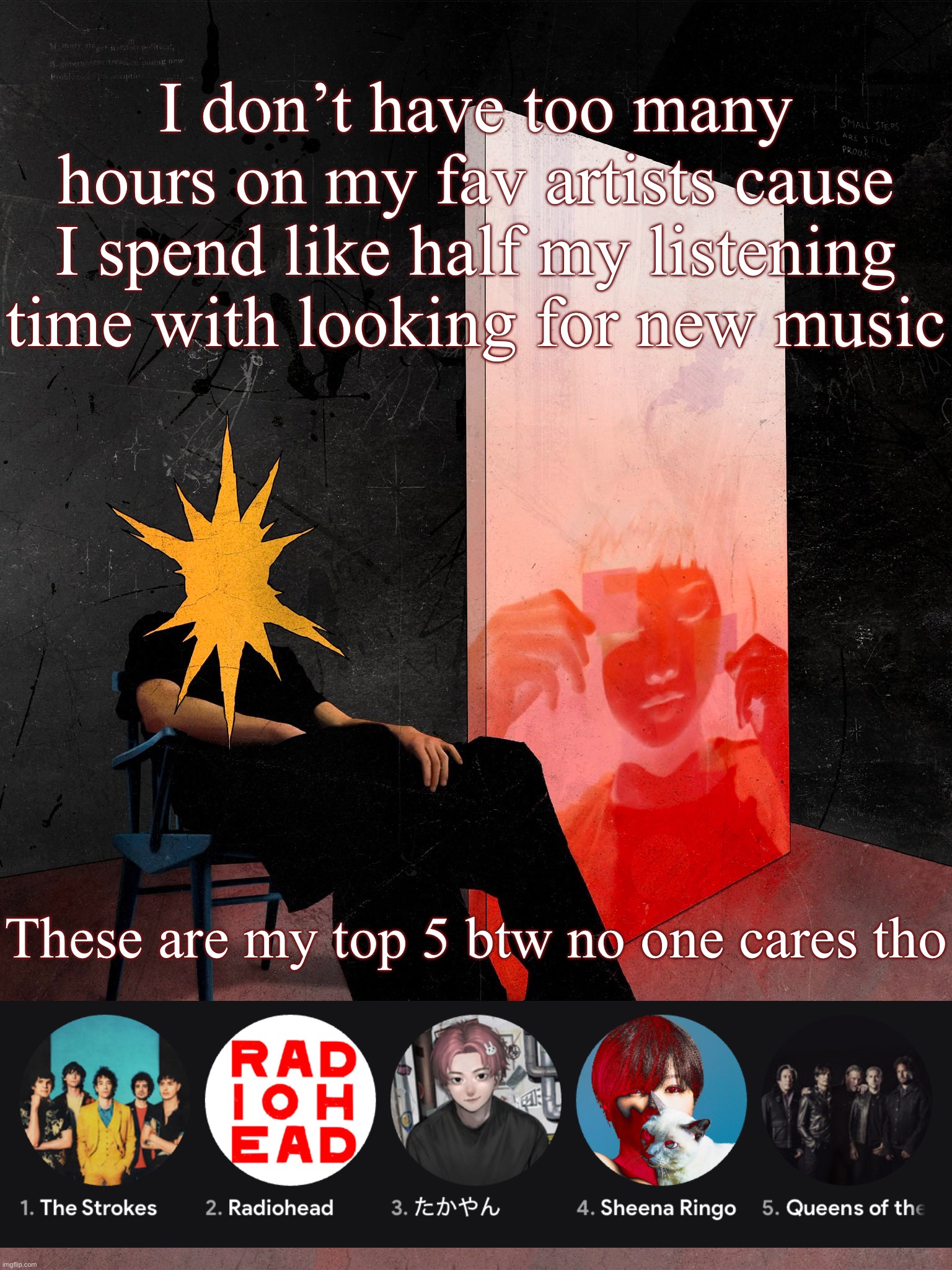 Sorriso | I don’t have too many hours on my fav artists cause I spend like half my listening time with looking for new music; These are my top 5 btw no one cares tho | image tagged in sorriso | made w/ Imgflip meme maker