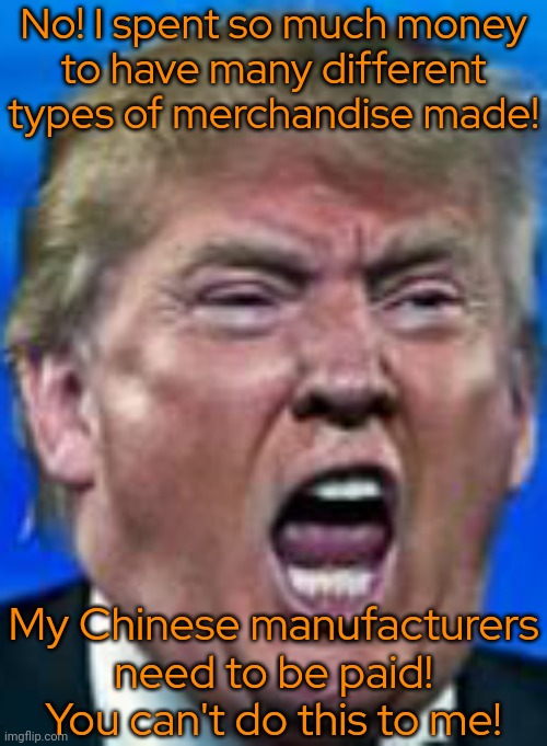 No! I spent so much money
to have many different types of merchandise made! My Chinese manufacturers need to be paid! You can't do this to m | image tagged in trump yell | made w/ Imgflip meme maker