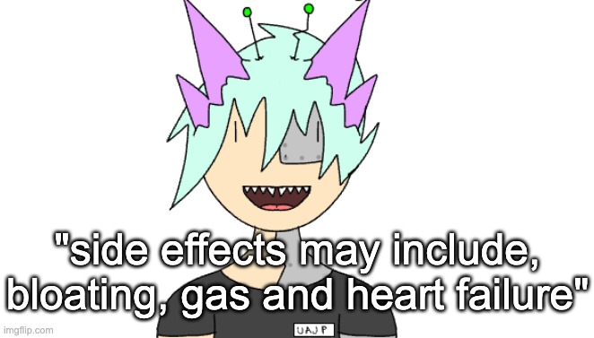 thats a hell of a jump | "side effects may include, bloating, gas and heart failure" | image tagged in radioactivian stare | made w/ Imgflip meme maker
