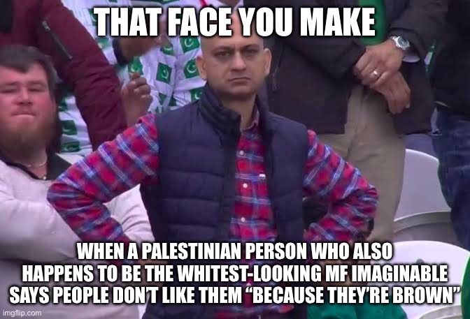 Disappointed Man | THAT FACE YOU MAKE; WHEN A PALESTINIAN PERSON WHO ALSO HAPPENS TO BE THE WHITEST-LOOKING MF IMAGINABLE SAYS PEOPLE DON’T LIKE THEM “BECAUSE THEY’RE BROWN” | image tagged in disappointed man | made w/ Imgflip meme maker