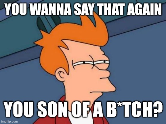 YOU WANNA SAY THAT AGAIN YOU SON OF A B*TCH? | image tagged in memes,futurama fry | made w/ Imgflip meme maker